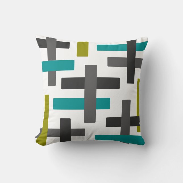 Aqua, Chartreuse and Grey Abstract Art Cushion (Front)