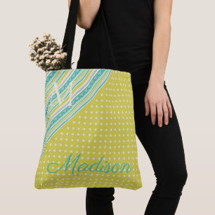 Aqua Chartreuse Trendy Dots Girly Name Monogram Tote Bag