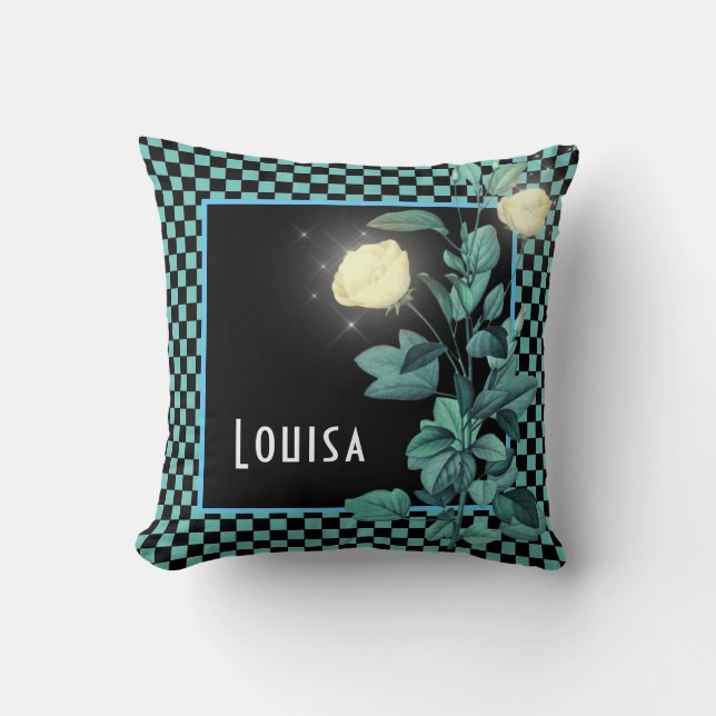Aqua Chequerboard Floral Personalised Cushion (Front)