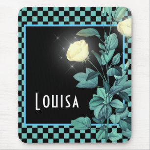 Aqua Chequerboard Floral Personalised Mouse Mat