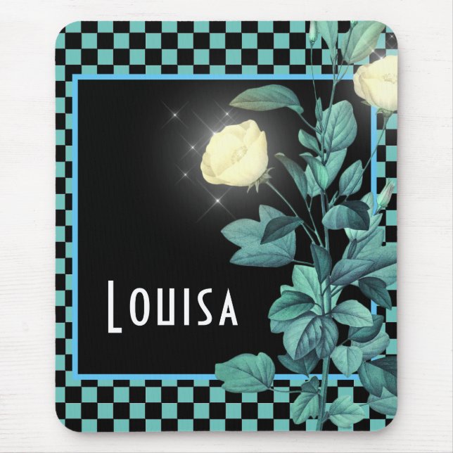 Aqua Chequerboard Floral Personalised  Mouse Mat (Front)