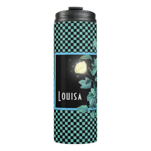 Aqua Chequerboard Floral Personalised Thermal Tumbler