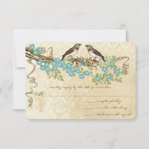 Aqua Cherry Blossom Vintage Bird Weddings RSVP Card