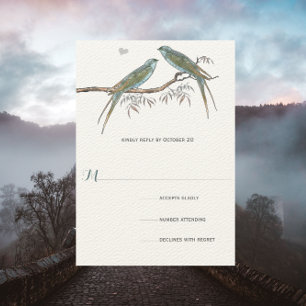 Aqua Cherry Blossom Vintage Bird Weddings RSVP Card