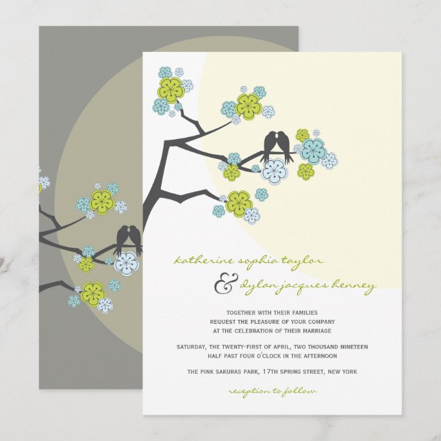 Aqua Cherry Blossoms Love Birds Wedding Invite (Front/Back)