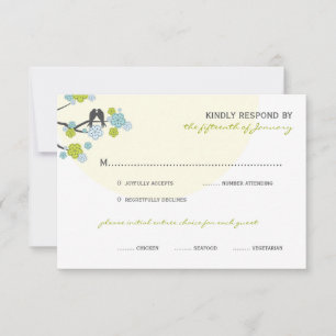 Aqua Cherry Blossoms Love Birds Wedding RSVP Card