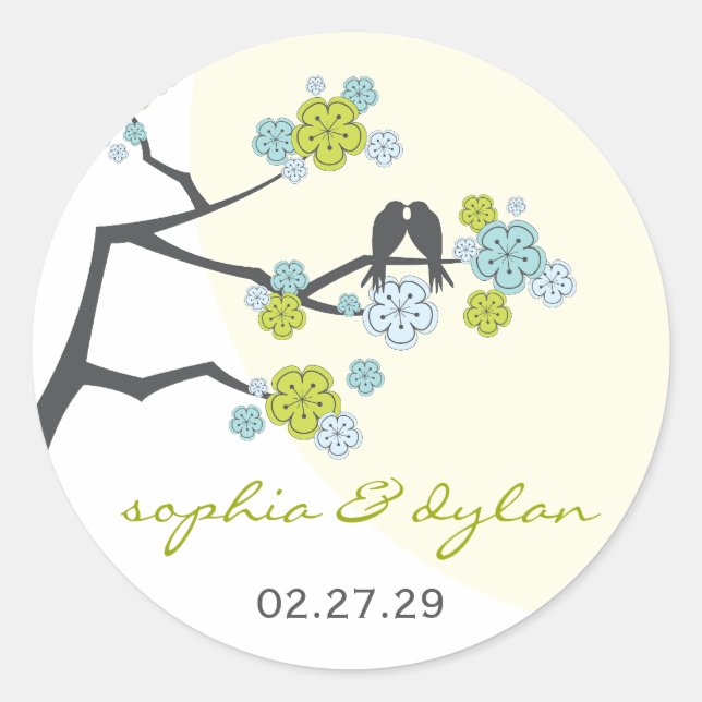 Aqua Cherry Blossoms Love Birds Wedding Sticker (Front)
