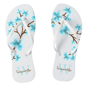 Aqua Cherry Blossoms Monogrammed Flip Flops