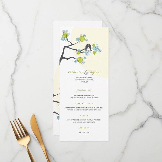 Aqua Cherry Blossoms Sakura Love Birds Wedding Menu (Front/Back In Situ)