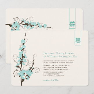 Aqua Cherry Blossoms Sakura Swirls Asian Wedding Invitation