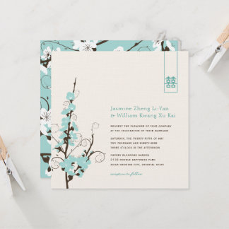 Aqua Cherry Blossoms Sakura Swirls Asian Wedding Invitation