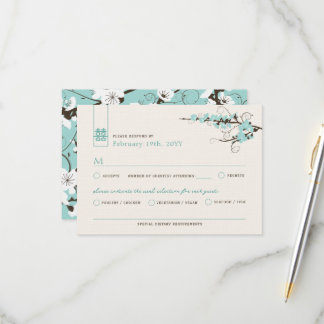 Aqua Cherry Blossoms Sakura Swirls Asian Wedding RSVP Card