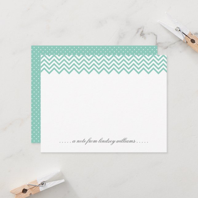 Aqua Chevron and Tiny Dots Personalised Stationery Invitation (Front/Back In Situ)