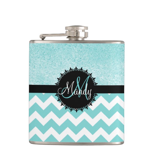 Aqua Chevron Glitter Monogram Flask (Front)