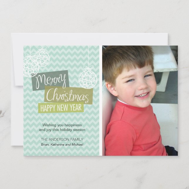 Aqua Chevron Ornamental Christmas Card (Front)