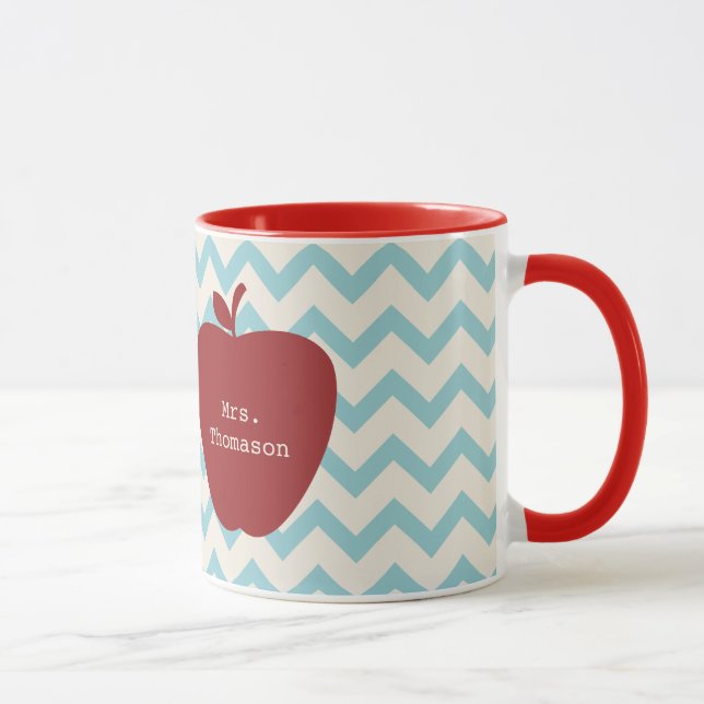 Aqua Chevron Red Apple Teacher Mug (Right)