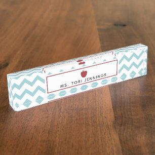 Aqua Chevron Red Apple Teacher Nameplate