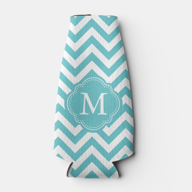 Aqua Chevron Stripes Monogram Bottle Cooler (Front)