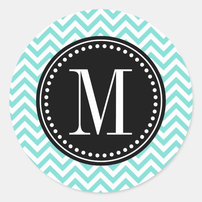 Aqua Chevron Zigzag Personalised Monogram Classic Round Sticker (Front)
