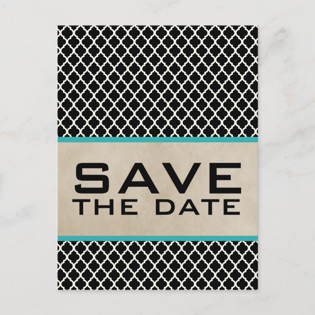 Aqua Chic Quatrefoil Save the Date Postcard (Front)