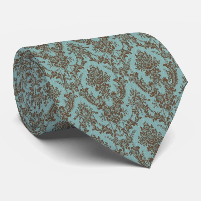 Aqua Chocolate Damask Neck Tie (Rolled)