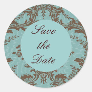 Aqua Chocolate Damask Save the Date Classic Round Sticker