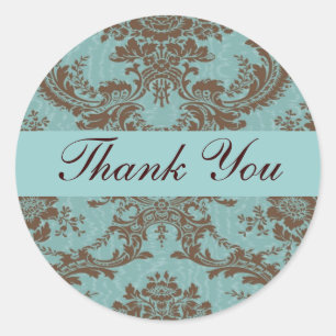 Aqua Chocolate Damask Thank You Classic Round Sticker