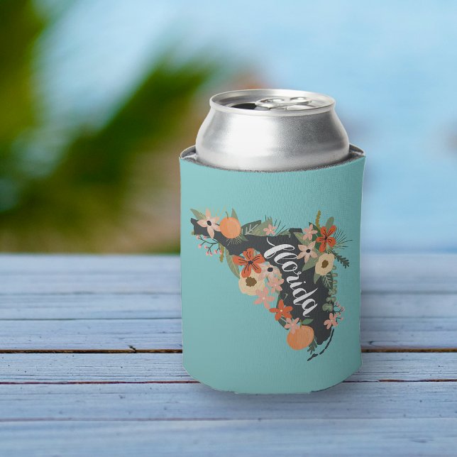 Aqua Citrus Floral Florida State Silhouette Can Cooler (Creator Uploaded)