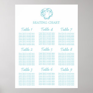 Aqua clam shell Wedding Seating Table Planner 1-9 Poster
