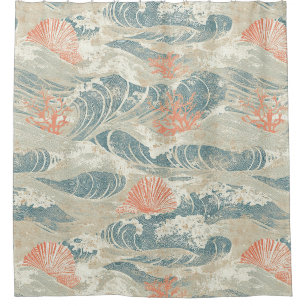 Aqua Coastal Seashell Starfish Wave Pattern Shower Curtain