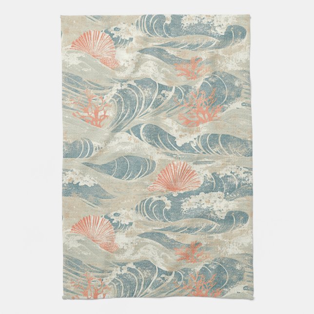 Aqua Coastal Seashell Starfish Wave Pattern Tea Towel (Vertical)