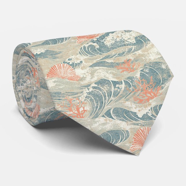 Aqua Coastal Seashell Starfish Wave Pattern Tie (Rolled)