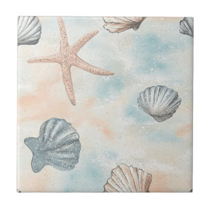 Aqua Coastal Seashells & Sparkle Starfish (1) Tile