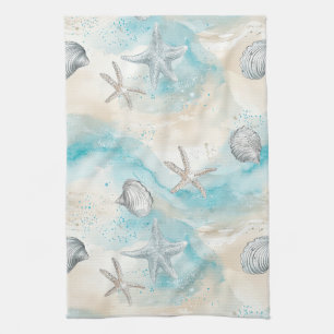 Aqua Coastal Seashells & Sparkle Starfish (2) Tea Towel