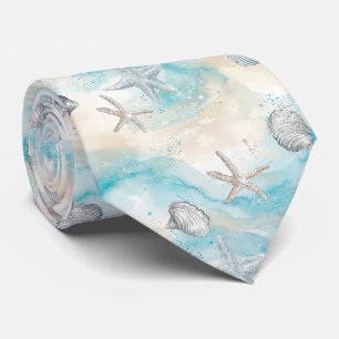 Aqua Coastal Seashells & Sparkle Starfish (2) Tie