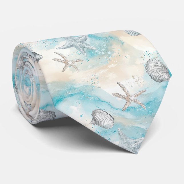 Aqua Coastal Seashells & Sparkle Starfish (2) Tie (Rolled)