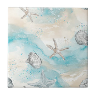 Aqua Coastal Seashells & Sparkle Starfish (2) Tile