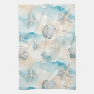 Aqua Coastal Seashells & Sparkle Starfish (3) Tea Towel