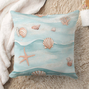 Aqua Coastal Seashells & Sparkle Starfish (4) Cushion