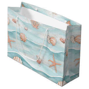 Aqua Coastal Seashells & Sparkle Starfish (4) Large Gift Bag