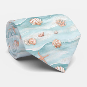 Aqua Coastal Seashells & Sparkle Starfish (4) Tie