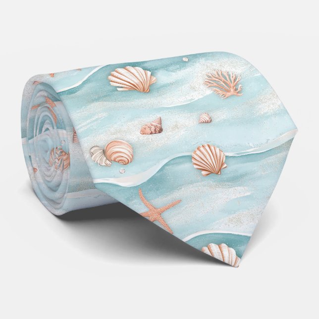 Aqua Coastal Seashells & Sparkle Starfish (4) Tie (Rolled)