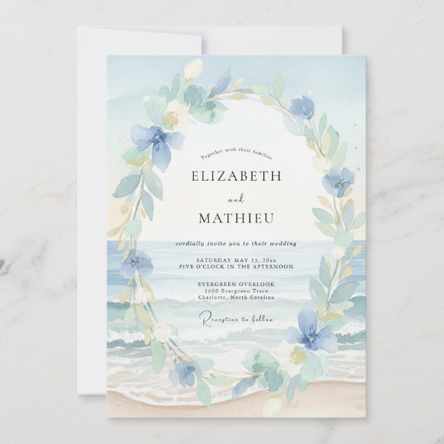 Aqua Coastal Wreath Wedding Invitation (Front)