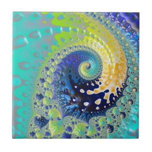 Aqua Cobalt and Yellow Spiral Fractal Abstract Tile