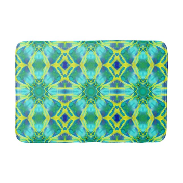 Aqua, Cobalt Blue and Yellow Tie Dye Pattern Bath Mat (Front)