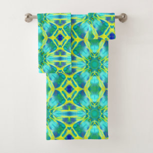 Aqua, Cobalt Blue and Yellow Tie Dye Pattern Bath Towel Set
