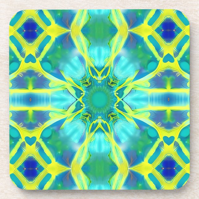 Aqua, Cobalt Blue and Yellow Tie Dye Pattern  Coaster (Front)