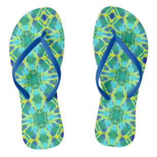 Aqua, Cobalt Blue and Yellow Tie Dye Pattern Flip Flops