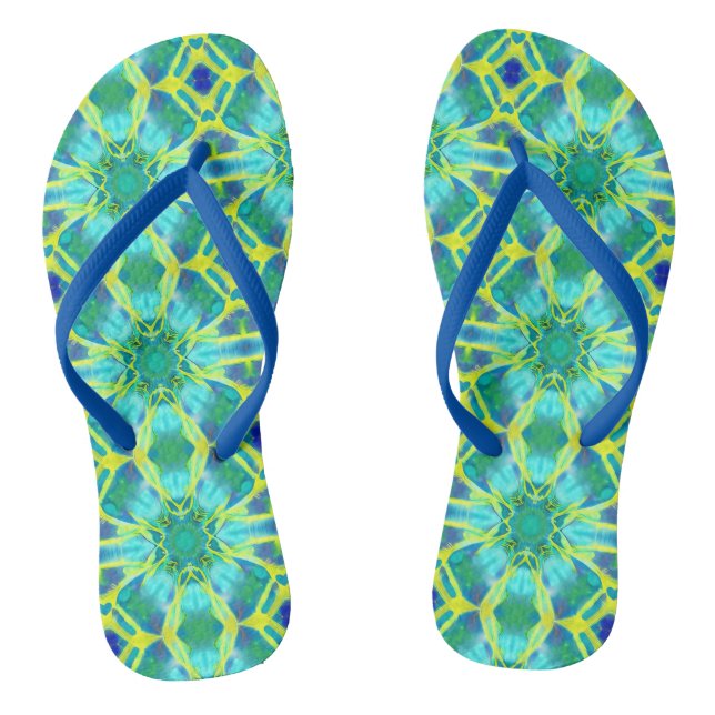 Aqua, Cobalt Blue and Yellow Tie Dye Pattern Flip Flops (Footbed)