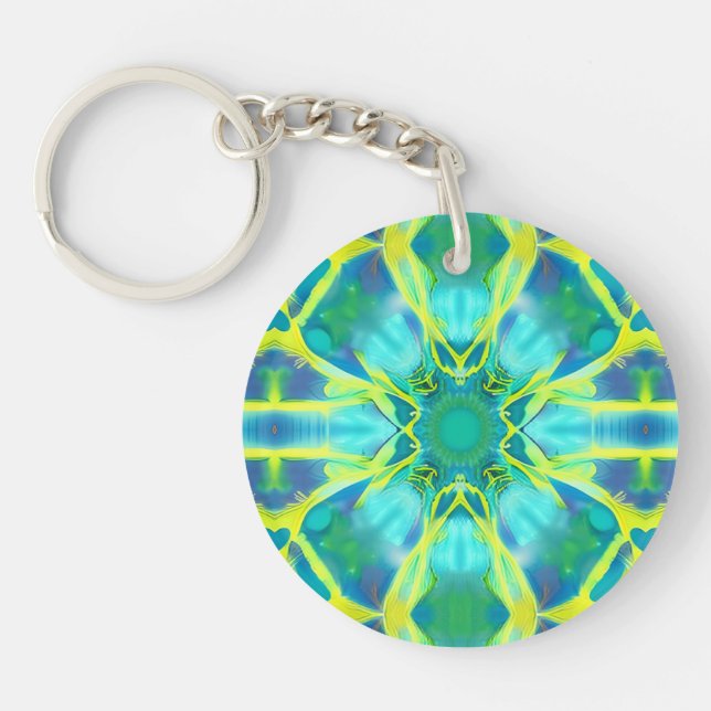 Aqua, Cobalt Blue and Yellow Tie Dye Pattern  Key Ring (Front)